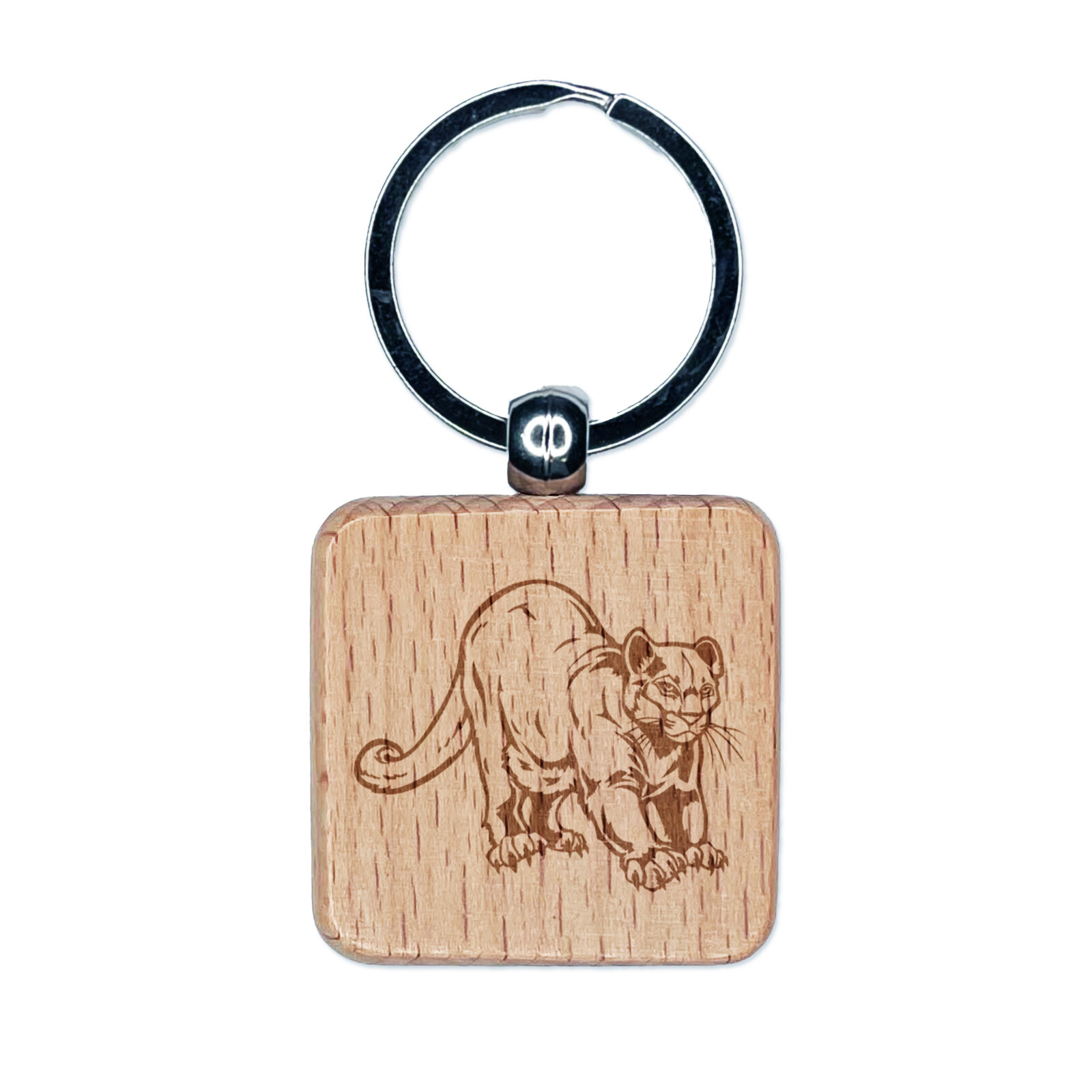 Stretching Mountain Lion Cougar Cat Engraved Wood Square Keychain Tag Charm