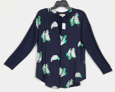 Loft Outlet NWT Womens Size Petite Large Navy Floral Mixed Fabric Split Neck Top