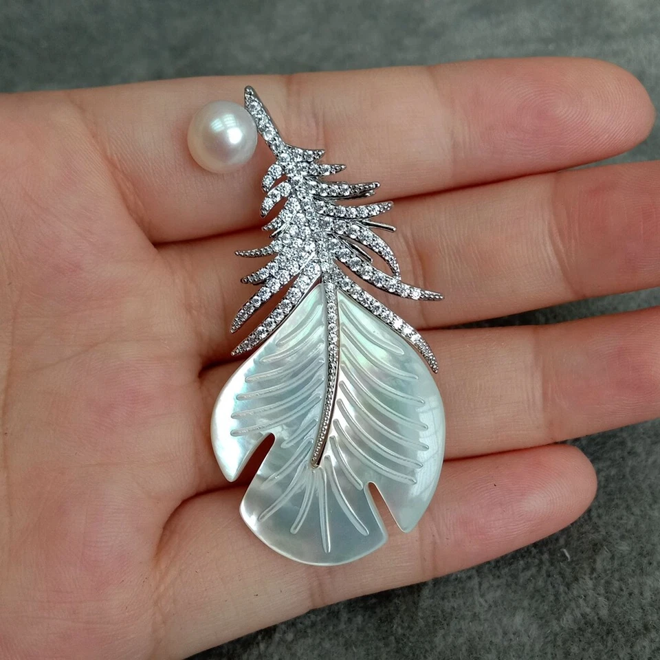 Natural White Sea Shell Mop Carved Leather Shape Cz Pave White Pearl Brooch - Image 2 of 4