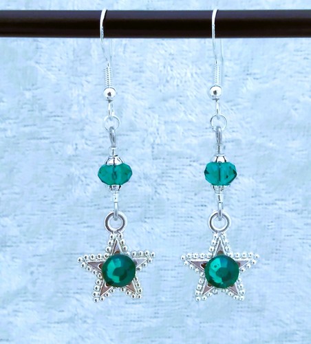 Green 3D Diamante Bright Silver Star, Double Sided,925 Silver Hook Earrings. - Picture 3 of 4