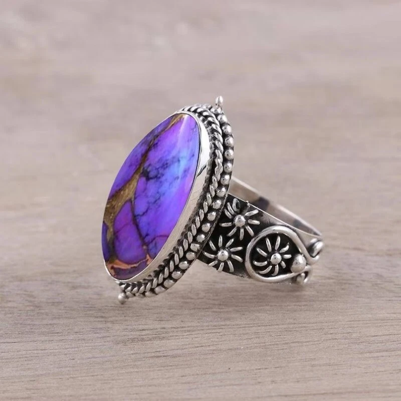 Anel feminino feito à mão de prata esterlina 925 roxo cobre turquesa pedra preciosa - Imagem 3 de 4