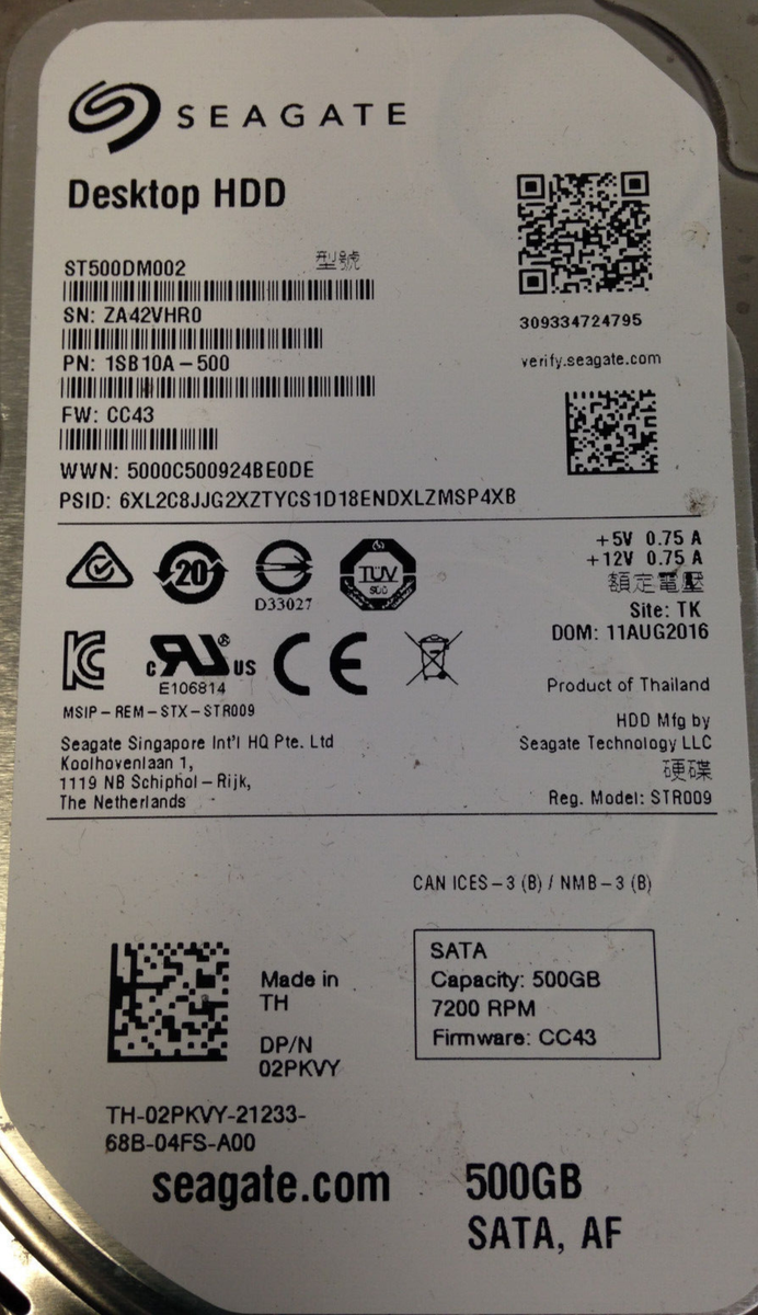 Seagate ST500DM002 P/N 1SB10A-500 , 02PKVY SATA 500GB ,3.5'' Hard