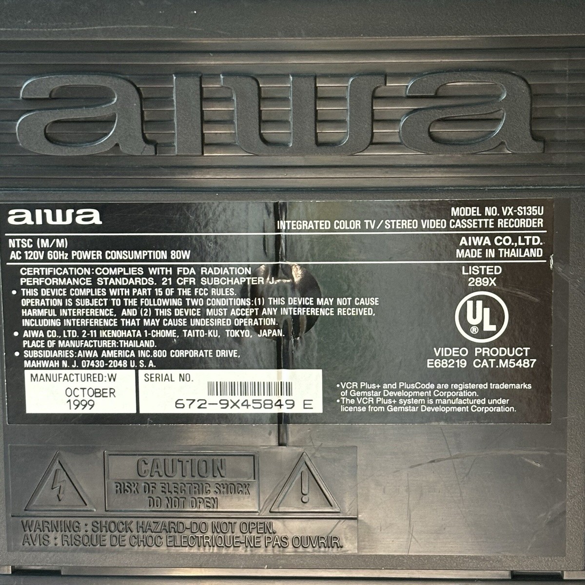 OEM Genuine AIWA TV/VCR Combo VX-S135U Model Vintage Gaming OEM Genuine AIWA TV/VCR Combo VX-S135U Model Vintage Gaming