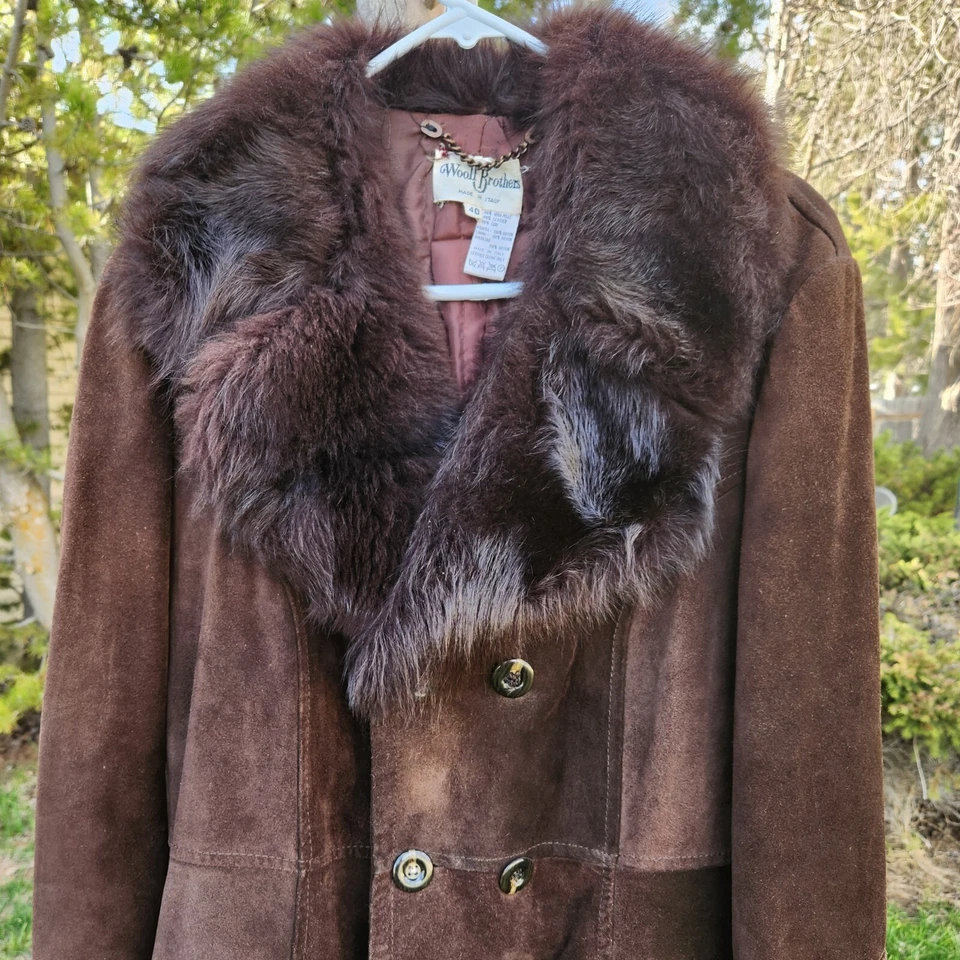 Abrigo de mujer vintage marrón gamuza cuello piel Italia talla 40 S/M Woolf Brothers Foto 2 de 4