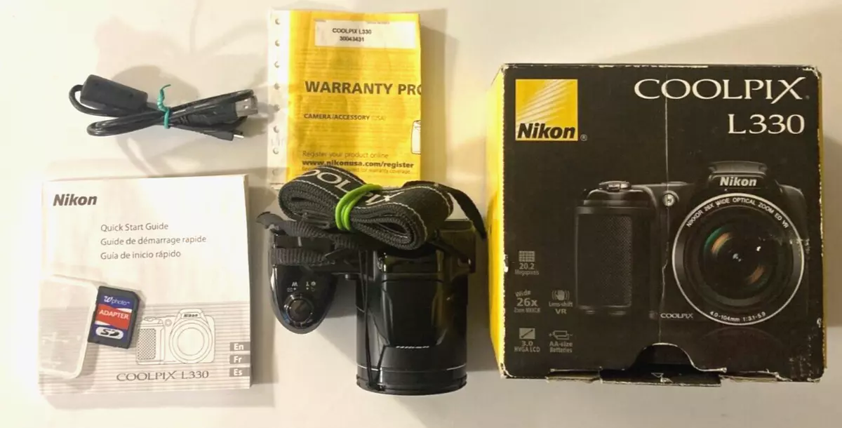 Nikon Coolpix L320 - Black Digital Camera 16.1MP 26XZM with box-manual Works EX!