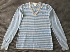 Lacoste Cotton/Cashmere Women  s Striped V-neck Sweater Blue Gray XS-S