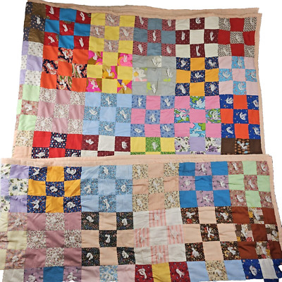 Vintage Nine Block Pattern Scrap Handmade Quilt EUC Patchwork 76x88'' Estate Find