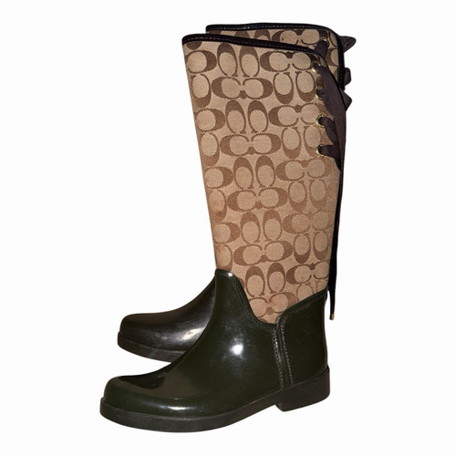 Coach Women’s Knee High Rain Boots Signature Logo Lace Up Brown/Black Sz 7