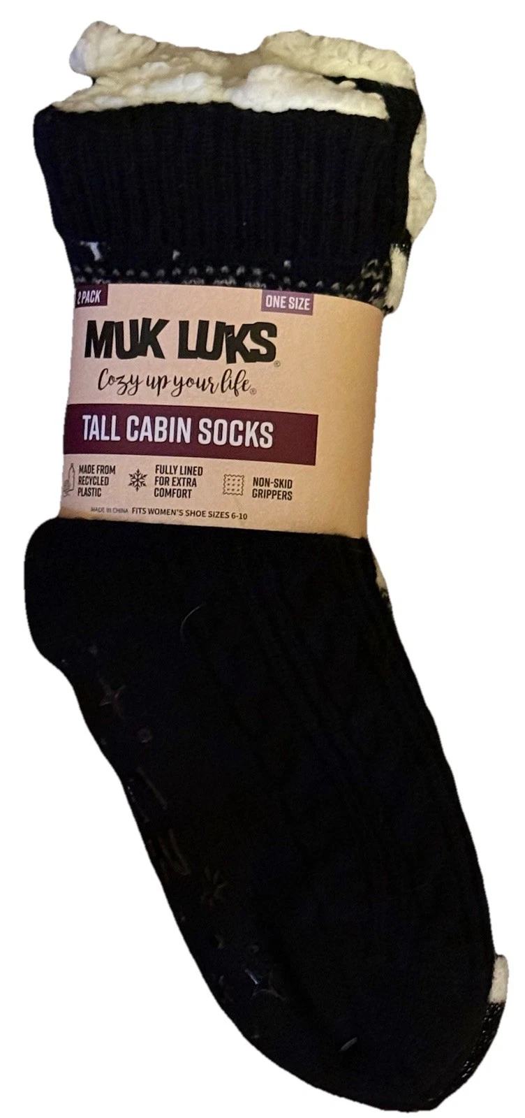 NEW MUK LUKS Cabin Socks Buffalo Plaid Black White Non Skid Women's Sz 6-10 NWT