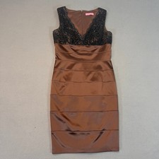 Eliza J Women's Med Bodycon Brown Striped Tier Sleeveless V Neck Rhinestone Lace