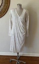 Vintage 90s Oleg Cassini White Sequin Rouched Midi Dress Woman's M/L