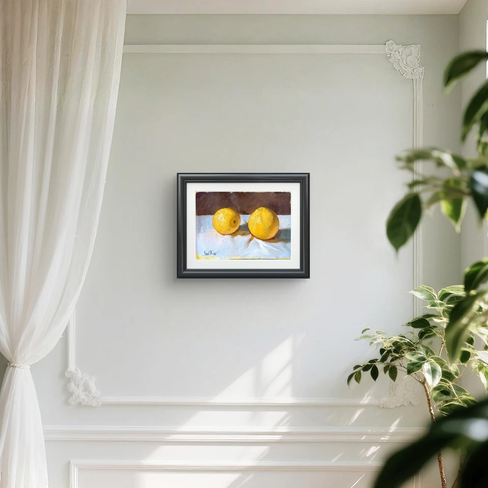 Pintura al óleo original papel 8x12 dos naranjas bodegón tela drapeada firmada Foto 2 de 4