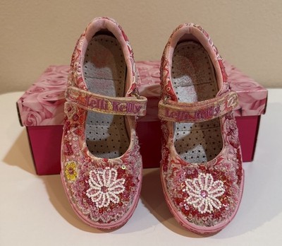 Lelli Kelly Pink Sequin Beaded Flowers Shoes FIOR DI PESCO Girls Size 13