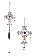 Blue Floral Scroll with Gemstones Christian Cross Art Glass Metal Wind Chime