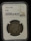 NGC F 12 1912-S Barber Half Dollar 50C Silver Coin -036