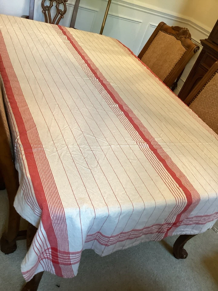 White Pine 55% Cotton 45% Linen Tablecloth Red/Ivory Stripe Rectangle  94” X 54” - Image 3 of 4