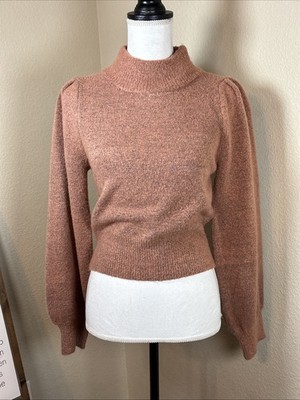Lulus Piece of My Heart Rusty Rose Knit Mock Neck Puff Shoulder Cuffed Sweater M