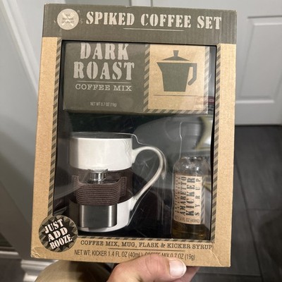 New Spiked Coffee Set Dark Roast Mug, Flask & Kicker Syrup Just Add Booze