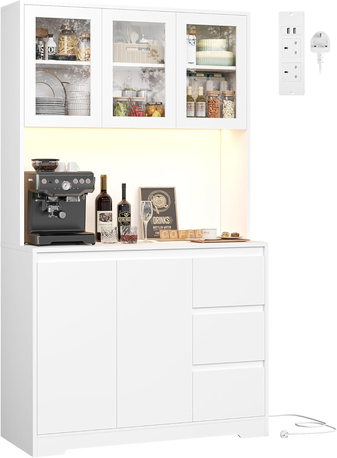 Kitchen Cupboard 180cm Tall Cabinet LED Shelves 3 Drawers Storage Blue Wood