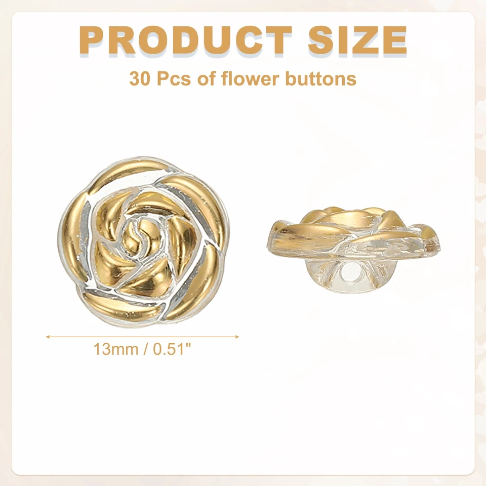 30 Piezas Botones Flor Rosa, Lindos Botones para Ropa, Transparente/Dorado Foto 2 de 4
