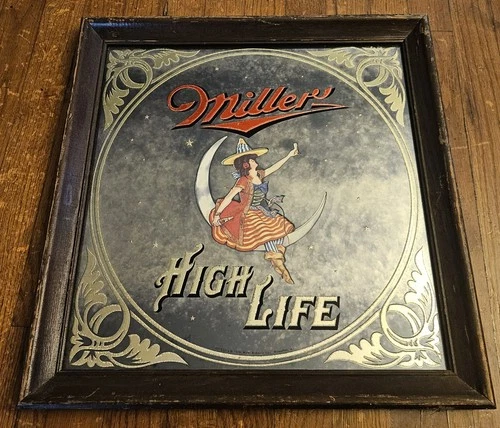 VINTAGE MILLER HIGH LIFE Girl on the Moon WITCH BEER MIRROR BAR SIGN 1979