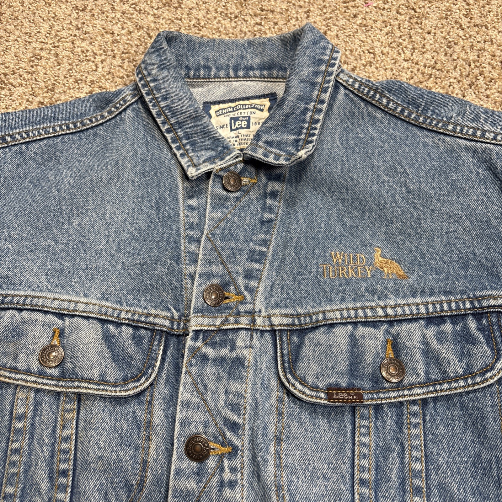 LEE Denim Collection 100% Cotton Men’s L Jean Jacket Wild Turkey Logo Vtg - View 5