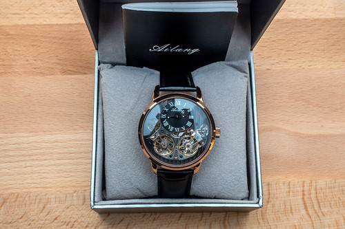 Mens Double Flywheel Leather Luxury Bling Skeleton Automatic Mechanical Watch - Picture 12 of 12
