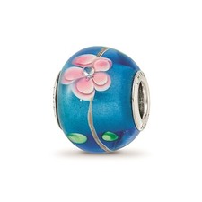 Reflection Beads Sterling Silver CZ Hand Blown Blue  Pink Floral Glass Bead