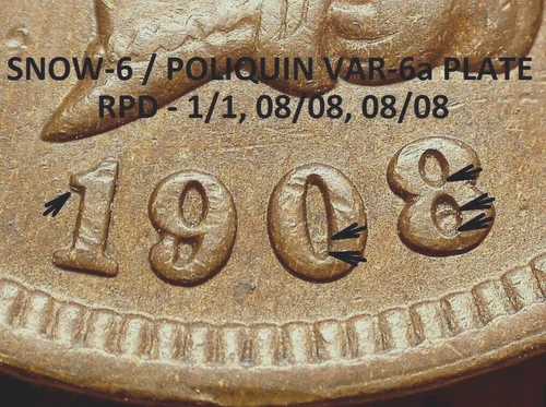 1908 Indian Head Cent - AU SNOW-6 / POLIQUIN PLATE, REPUNCHED DATE (H535)