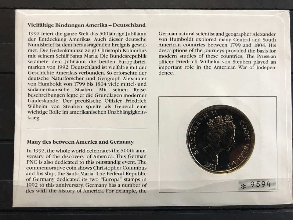 Bundespost 500 Year of  America - Coin - Queen Elizabeth - FDC - CB2 - Image 2 of 2