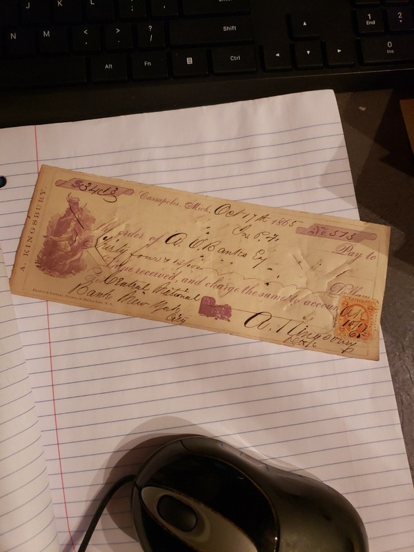 1865 CHECK WITH STAMP  NO. 573 BANKS  CATALOG7