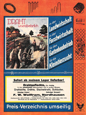 F.W. Wolffram Draht Werbung Preisliste hist. Rechnung Nordhausen 1942 Thüringen