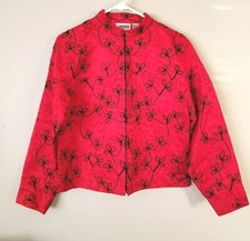 Chico's Design Sz 1 Red Black Embroidered Silk Jacket Top Medium 8