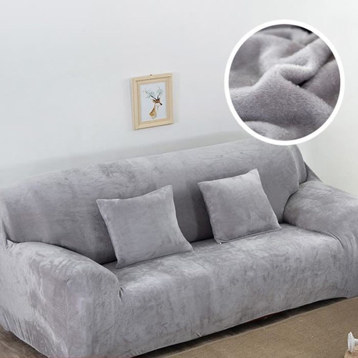 Housse de canapé 3 places en velours gris clair de 190 à 230 cm