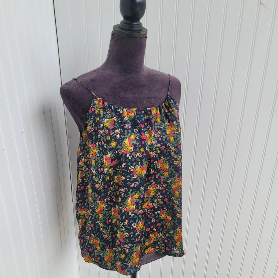 Tucker For Target Navy Blue Red Yellow Floral Spaghetti Strap Top Crinkle Sz S - Imagem 3 de 4