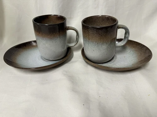 (2) Peter Pots Pottery Stoneware Brown COFFEE CUP & OFF-CENTER SAUCER SETS-Multi