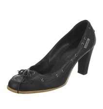 Chanel Black Leather Pumps Shoe Lace Up Sneaker Moccasin Block Heel 39 9 Vintage