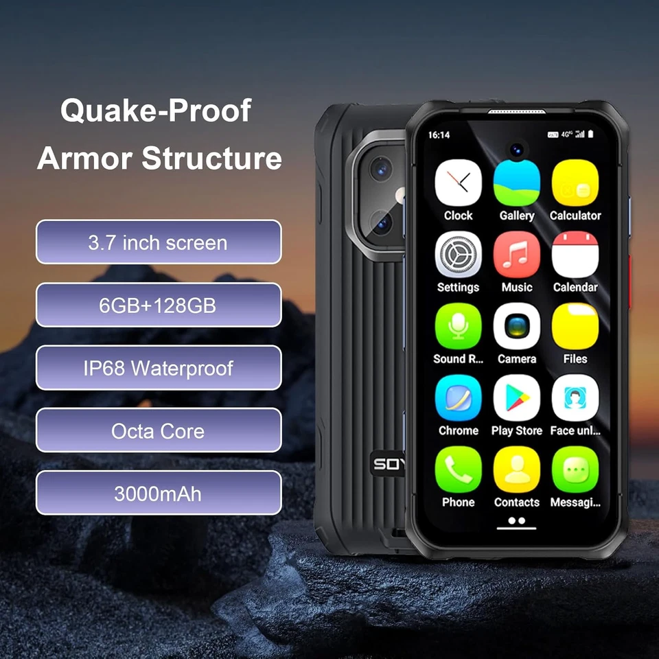 Smartphone Mini Robusto Da 3,7", Android 12, Batteria 3000 Mah, 6 GB + 128 GB, C - Immagine 2 di 4