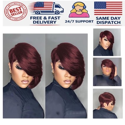 10A Pixie Cut Wig - 99J Burgundy Human Hair, Glueless Bangs Hair for Daily Wear