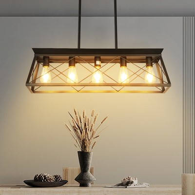32'' 5 Lights Industrial Pendant Light Rustic Black Metal Cage Hanging Chandelier