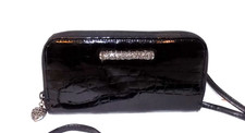 90s BRIGHTON Black CROC patent Leather Zip organizer Wallet Purse crossbody bag