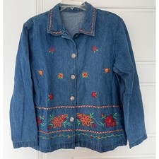 Vtg Bobbie Brooks Denim Jacket Women M Floral Embroidered Cottagecore Boho 90s