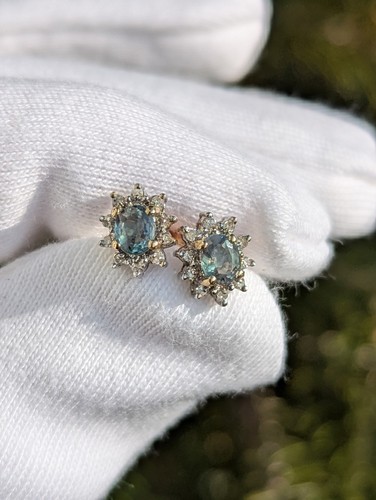 9ct Yellow Gold Brazilian Alexandrite And Diamond Halo Earrings Studs - Picture 2 of 14