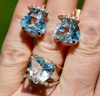 14K SOLID ROSE GOLD BLUE TOPAZ 14.1GRAMS QUALITY EARRINGS RING SET