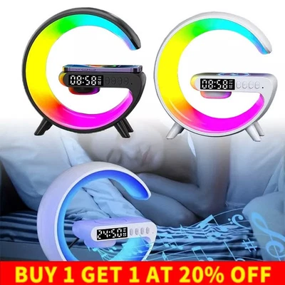 LED Smart G Lamp Bluetooth Speaker Wireless Charger RGB Alarm Clock Night Light