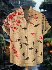 Men's Hawaiian Shirt Japanese Koi Fish Print Short Sleeve Casual Summer Button