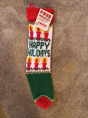 Vintage Christmas Stocking Acrylic Knit Happy Holidays Candles 18'' Thrift Drug