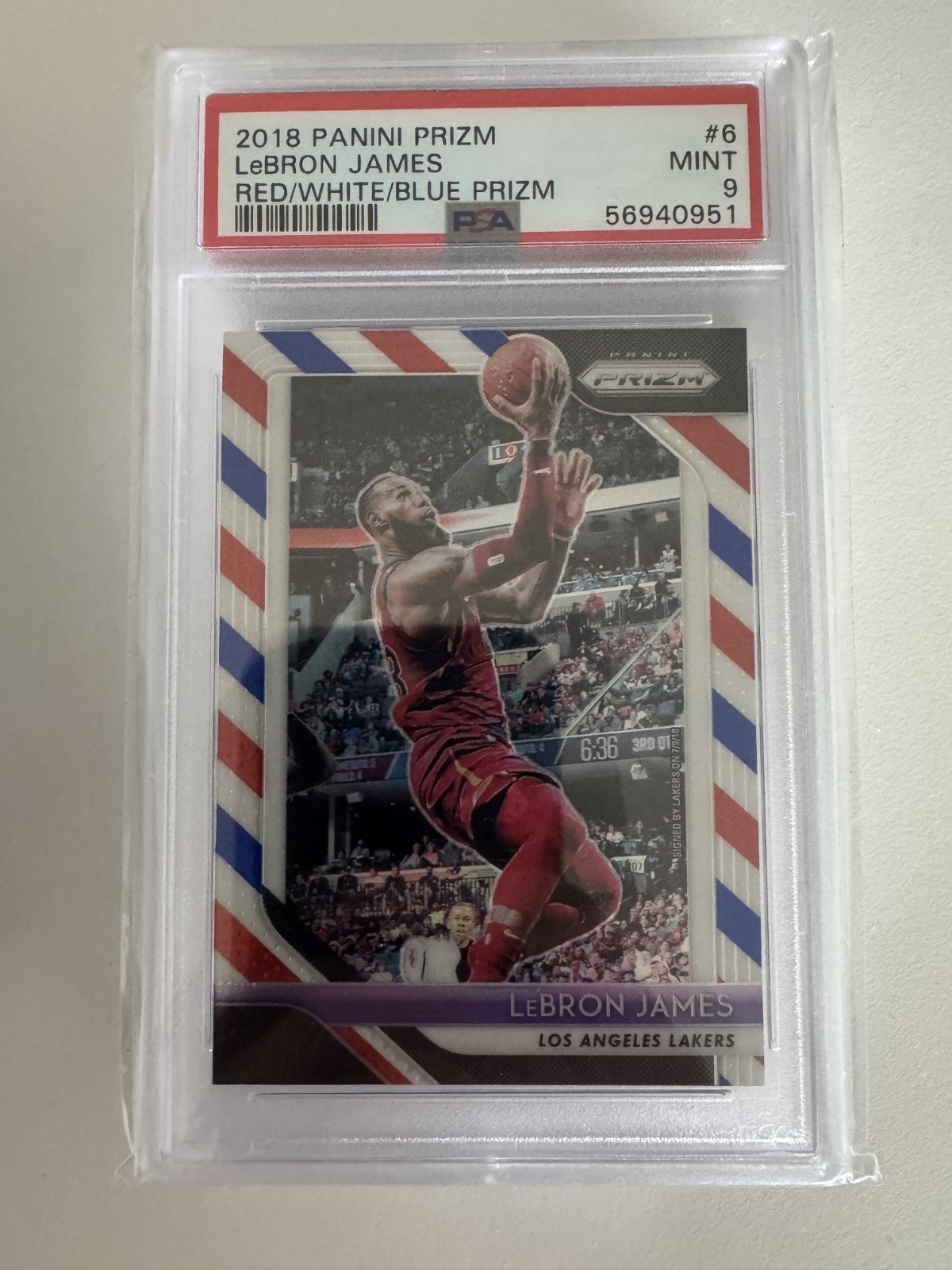 2018-19 Prizm LeBron James Prizm Red White and Blue #6 Lakers PSA 9
