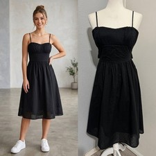 100% Cotton Black Swiss Dot Midi Dress Sz M Back Bow Tie Cottagecore Whimsigoth