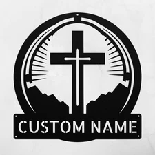 Personalized Catholic Cross Metal Sign Custom Religious Decor Gift for Christian